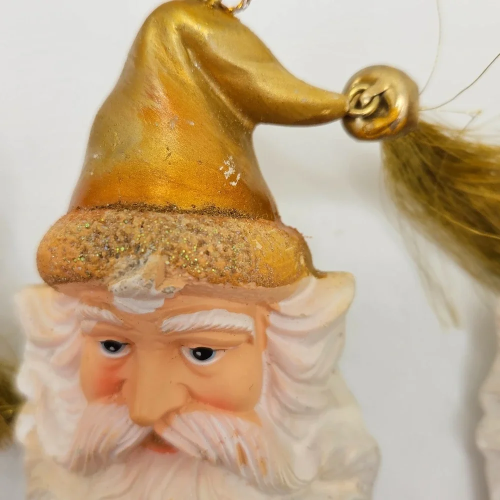 Set of 3 Vintage Santa Face Christmas Ornaments‎ Gold Hat Tassel Holiday Decor